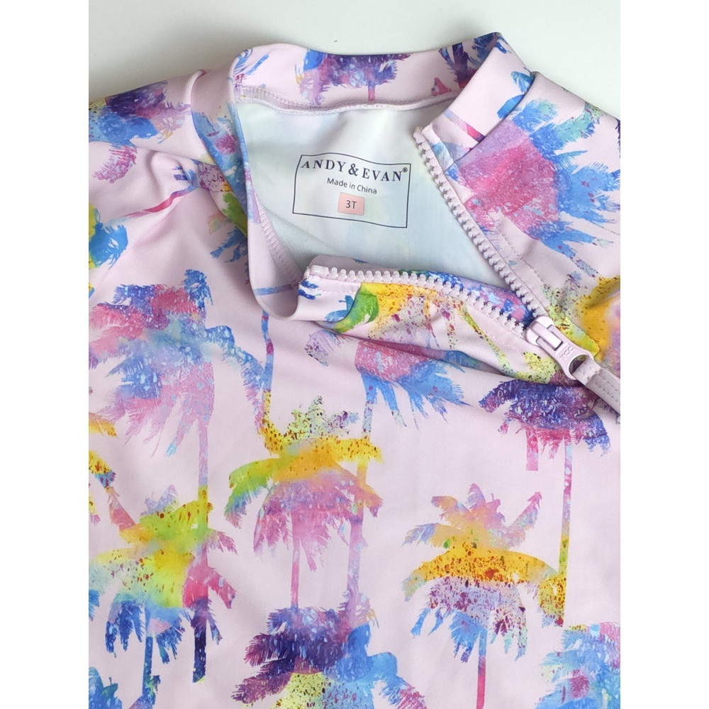 Andy & Evan Girl‎ 3T Swim Rash Guard Shirt Mock Neck Zip Palm Trees Pink Beach - Picture 5 of 9
